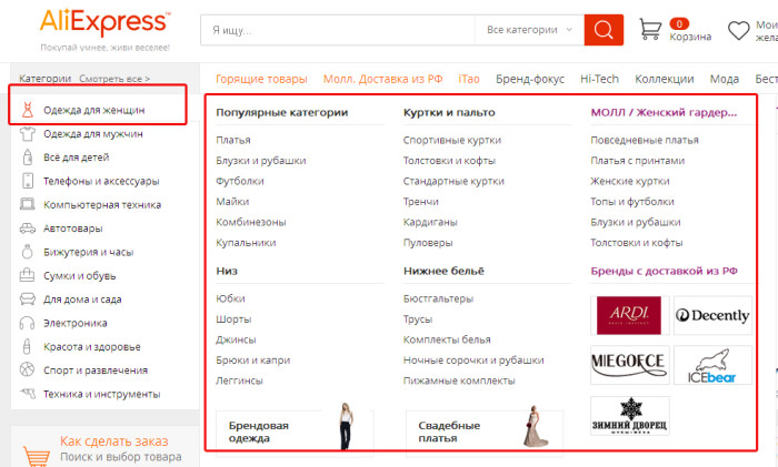 женская одежда подкатегории